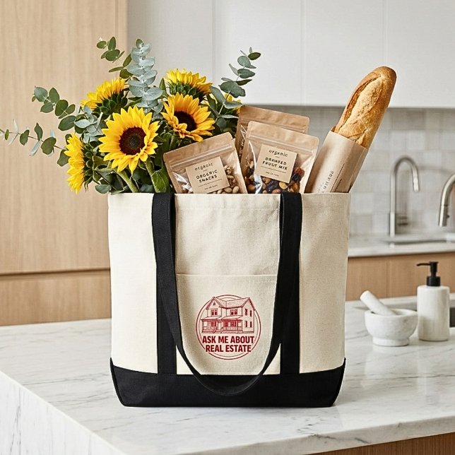 Sac fourre-tout avec logo et nom d'agent immobilie (Realtor Gift Funny "Ask Me About Real Estate" Vintage House Illustration Tote Bag)