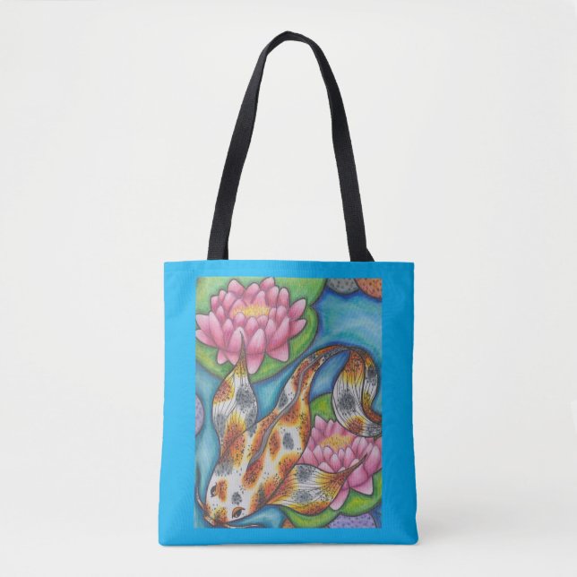 Sac fourre-tout Bleu Avec Poisson Orange Koi Art (Devant)