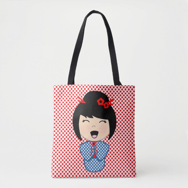 Sac fourre-tout bleu poupée Kokeshi (Devant)