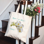 Sac fourre-tout cadeau Mariage des orchidées de la<br><div class="desc">Sac fourre-tout cadeau d'honneur avec orchidées blanches design. Créez pour tous les membres de la fête de la mariée, avec son titre en haut et son nom sous la tige des orchidées. Un script élégant et torride est de couleur bleu-vert. Le sac fourre-tout économique est doté de couleurs de poignée...</div>