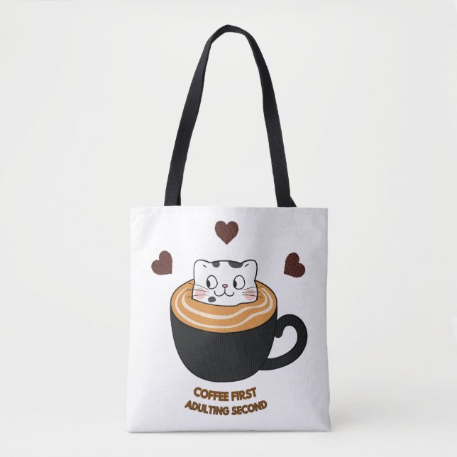 Sac fourre-tout chat mignon café d'abord passage à (Devant)