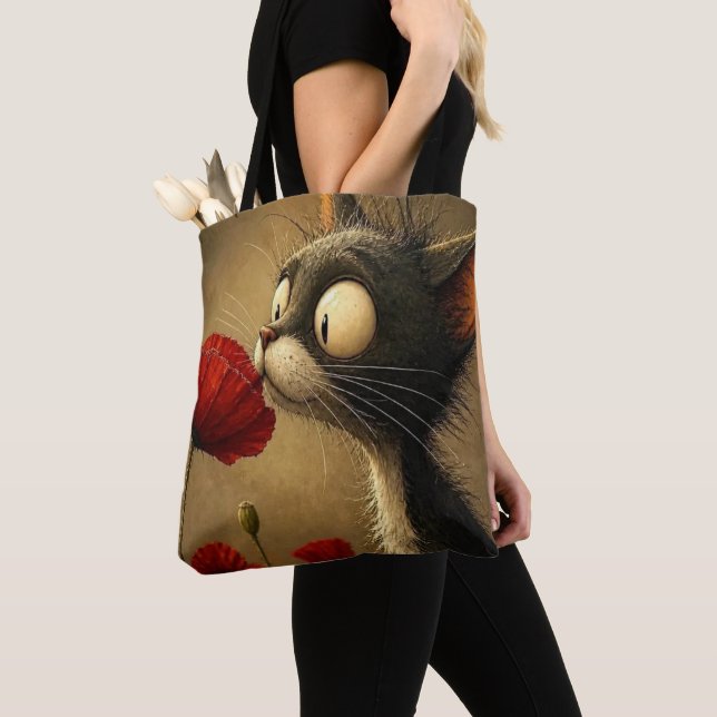 Sac fourre-tout, chat noir et blanc fleur rouge  (De près)