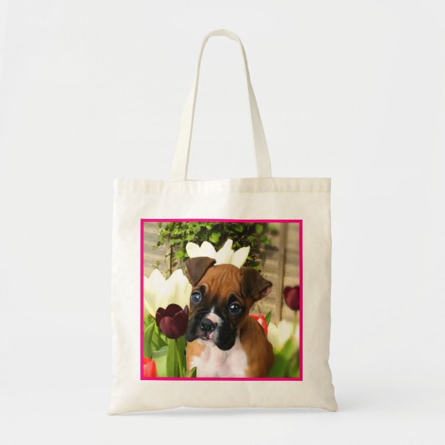 Sac fourre-tout chiot boxer dans les tulipes (Devant)