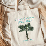 Sac fourre-tout d'accueil Mariage de palmiers enmê<br><div class="desc">Palmiers enchevêtrés mariage accueil sac fourre-tout avec personnalisation. Texte incurvé en haut : "Bienvenue à notre mariage" avec emplacement imprimé au centre sur deux palmiers entrelacés. En bas, ajoutez les noms de la mariée et du marié avec la date de célébration du mariage. Utilisez les chambres d'hôtel pour accueillir les...</div>