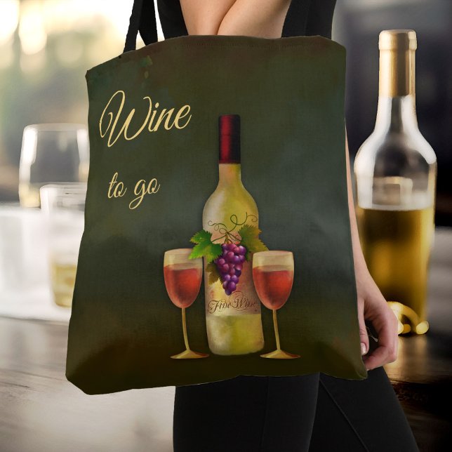 Sac fourre-tout d'art classique mignon pour vin à  (Tote bag featuring a classic original painting of a wine bottle with glasses on dark green)
