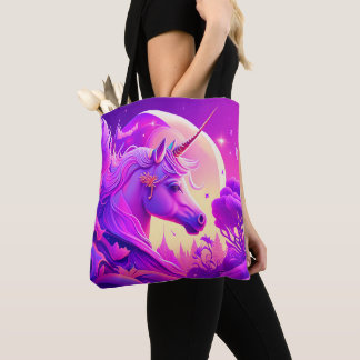 Sac fourre-tout d'art Unicorne de nuit rose et vio