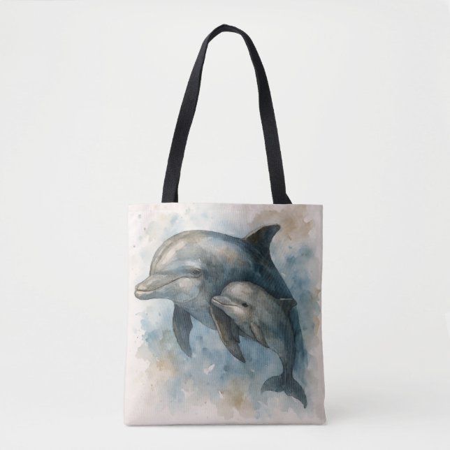 Sac fourre-tout dauphin et son petit aquarelle (Devant)