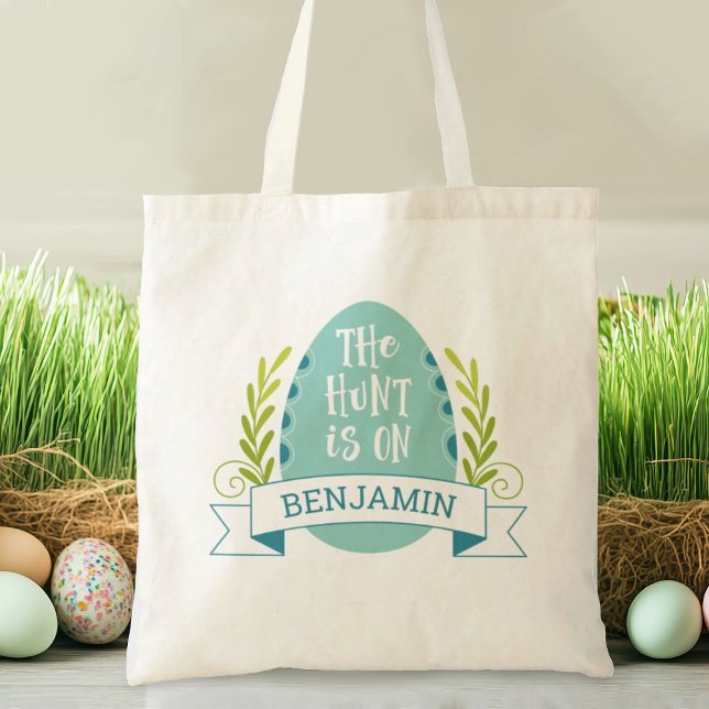 Sac fourre-tout de chasse aux oeufs de Pâques pour (A cute blue Easter Egg hunt tote bag. Personlize it with your name.)