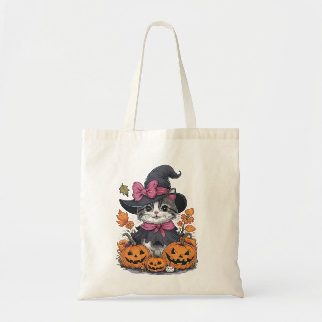 Sac fourre-tout de chat de sorcière d'Halloween mi (Devant)
