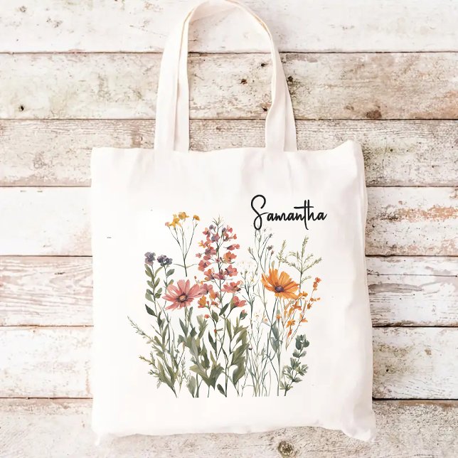 Sac fourre-tout de fleurs sauvages personnalisé, F (wildflowers tote bag, Mother’s Day gift bag, gift for mom, gift for mama, tote bag for women, bride)