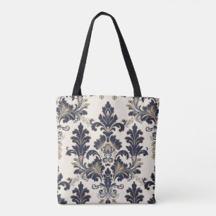 Sac fourre-tout de luxe Gold et Navy Blue Damask