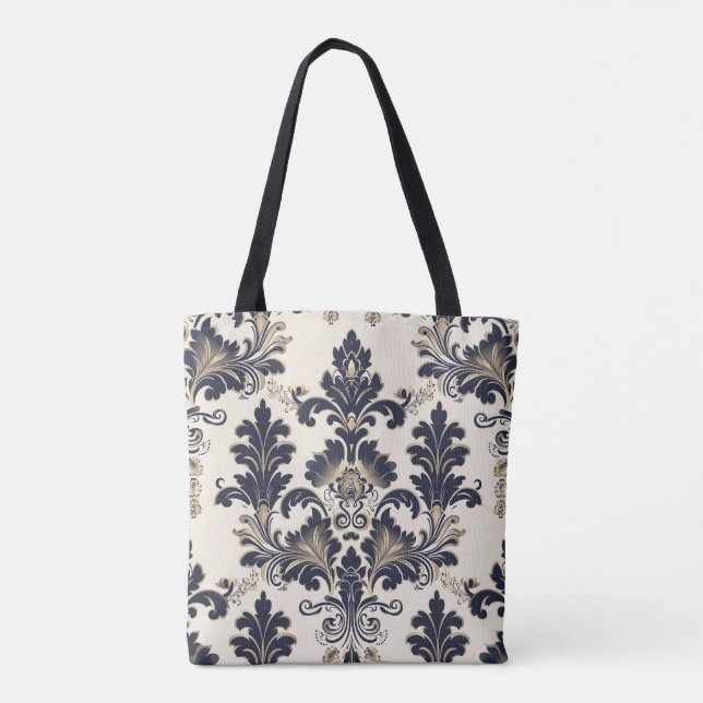 Sac fourre-tout de luxe Gold et Navy Blue Damask (Dos)