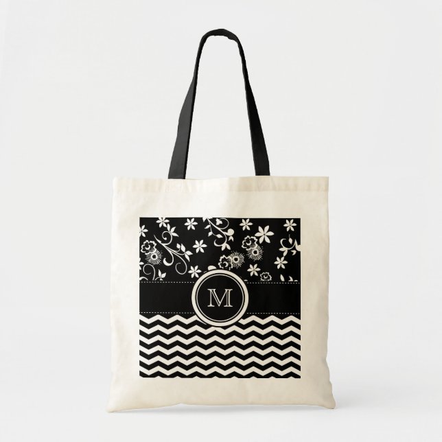 Sac fourre-tout de Monogramme Chevron et Foral Mot (Devant)