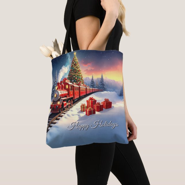 Sac fourre-tout de Noël arbre train rouge vacances (De près)