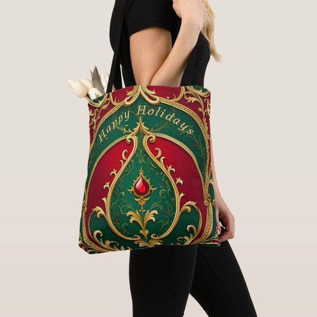 Sac fourre-tout de Noël rouge vert or (De près)