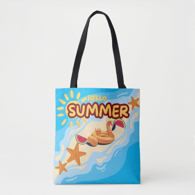 Sac fourre-tout de plage flamant rose Hello Summer (Devant)