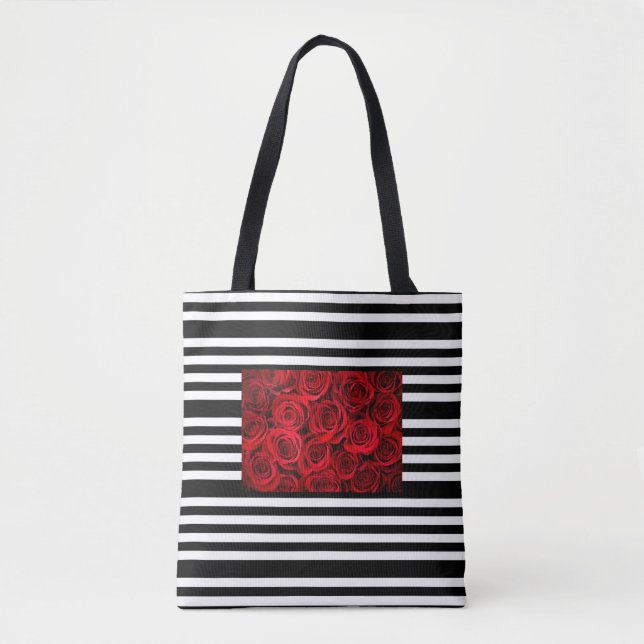 Sac fourre-tout de roses rouges sur rayures blanch (Devant)