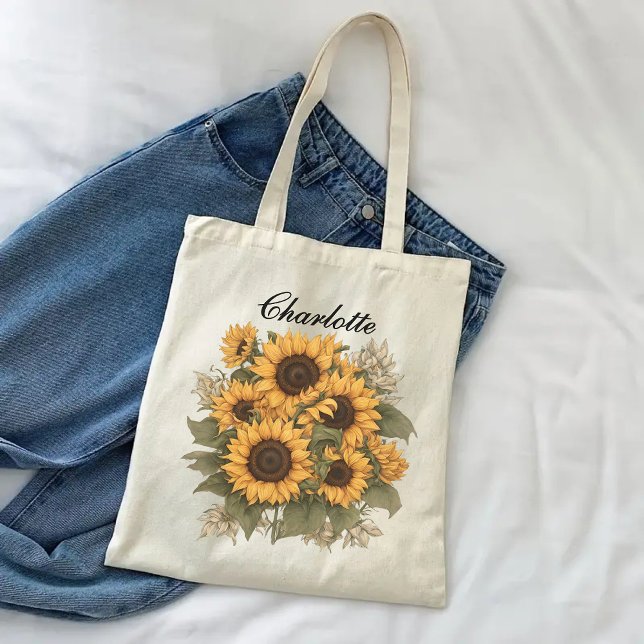 Sac fourre-tout de tournesol personnalisé, cadeau  (custom name tote, grandma tote bag, nana gift bag, mom tote, Mother’s Day tote, bridal shower tote)
