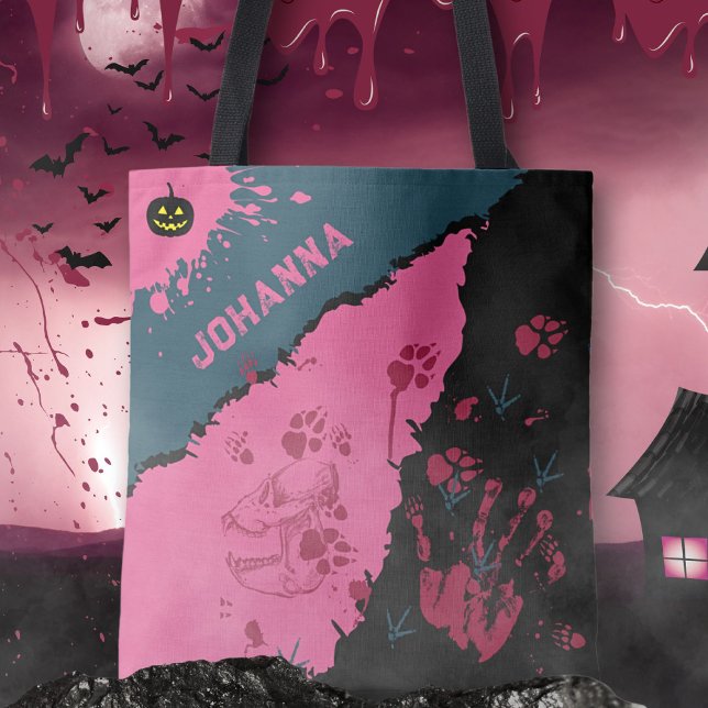 Sac fourre-tout Empreintes de pattes Éffrayants ro (Pink & Black Spooky Paw Prints Tote Bag ©Susanne Sachers - Sunny Mind 🌞)