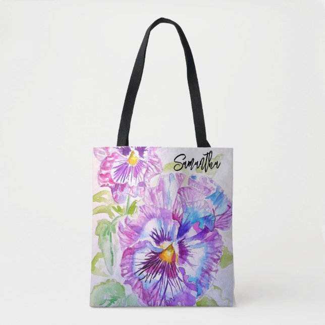 Sac fourre-tout en aquarelle Pansy violet Pensée (Devant)