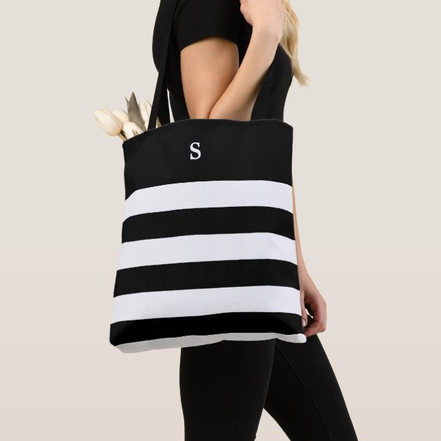 Sac fourre-tout en bande blanche et noire monogram (De près)
