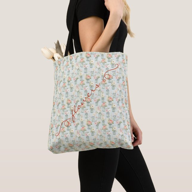 Sac fourre-tout en bocal Mason vert fleurs orange (De près)