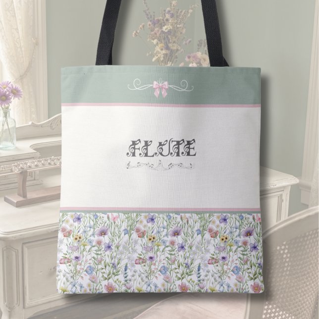 Sac fourre-tout en forme de flûte botanique rose e (Whimsical Flute Tote Bag | Pink Floral & Sage Green Botanical Aesthetic Music Gift)