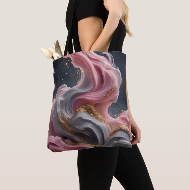 Sac fourre-tout en or Art fluide abstrait gris ros (De près)