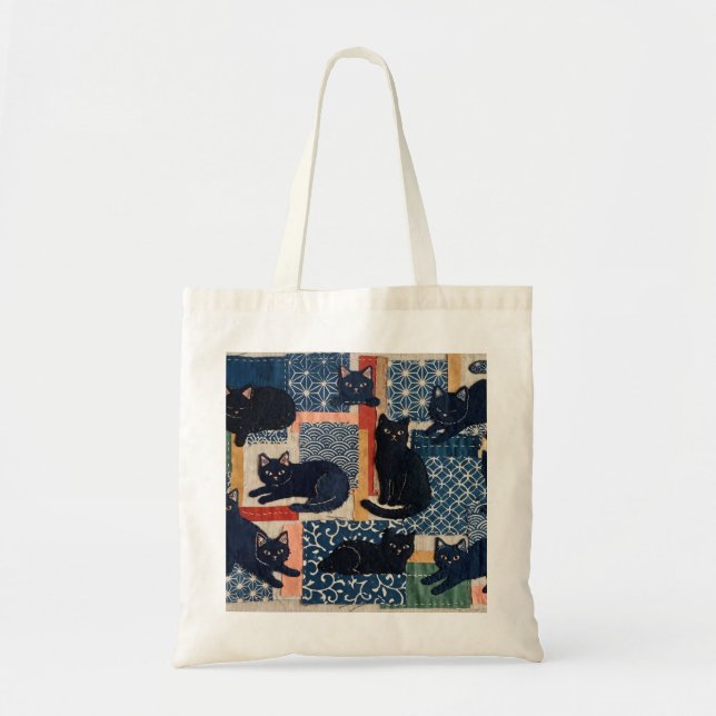 Sac fourre-tout en patchwork de chats noirs japona (Devant)