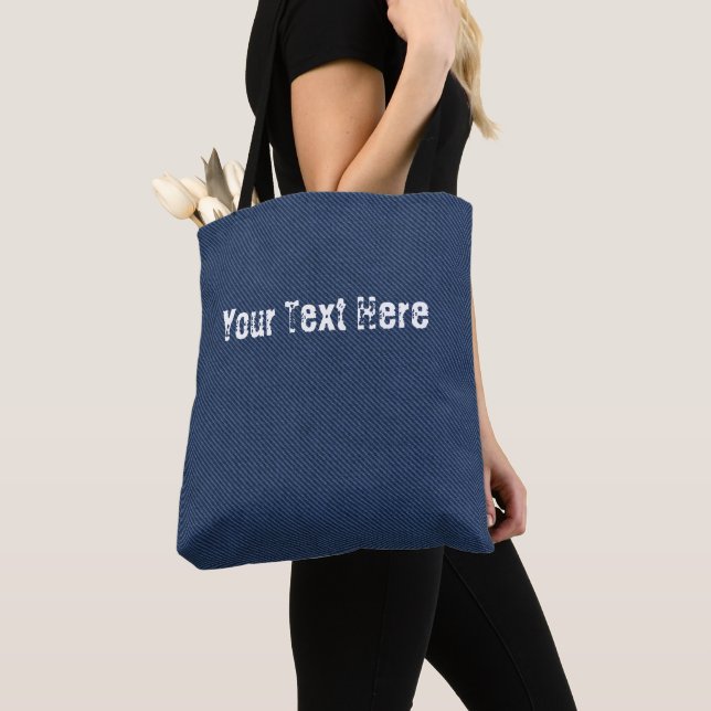 Sac fourre-tout Faux Blue Jeans Fabric avec texte  (De près)