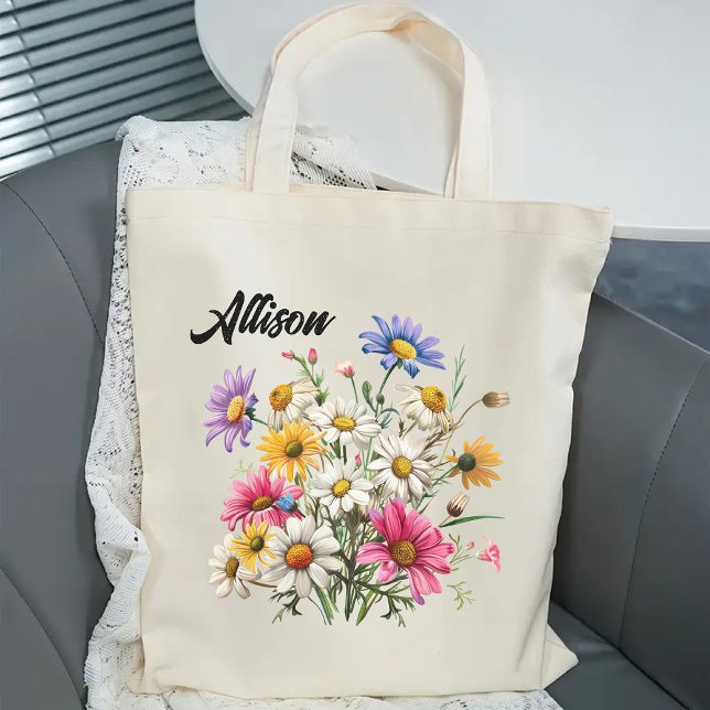 Sac fourre-tout Fleur sauvage personnalisé pour el (custom name tote, bridesmaid gift, bridal shower gift, bridesmaid proposal tote, baby shower gift)