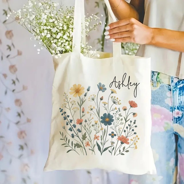 Sac fourre-tout Fleur sauvage personnalisé pour ma (wildflowers tote bag, personalized tote bag, floral tote bag, bridesmaid proposal gift, teacher gift)
