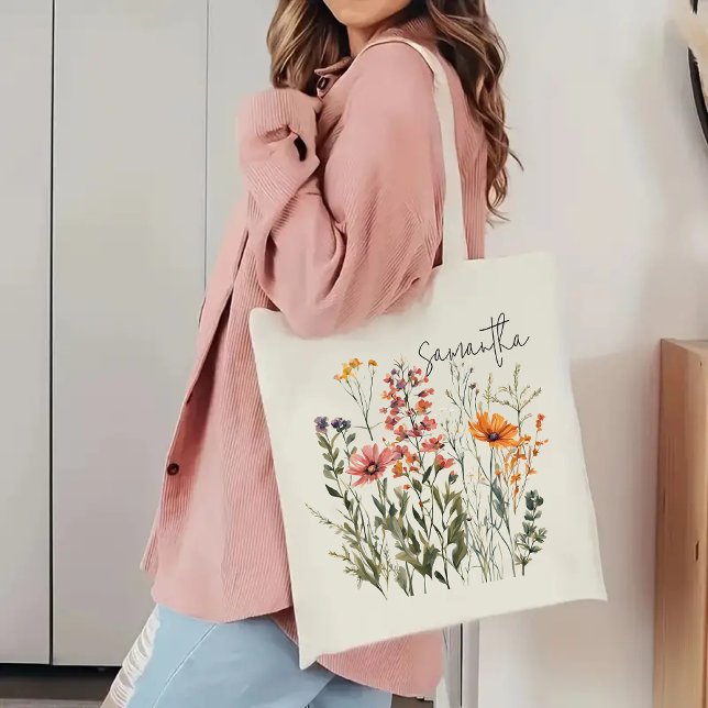 Sac fourre-tout fleur sauvage sur mesure, Cadeaux  ( personalized tote bag, mothers day gift, birthday gift, graduation gift, gift for mom, Gift for her)