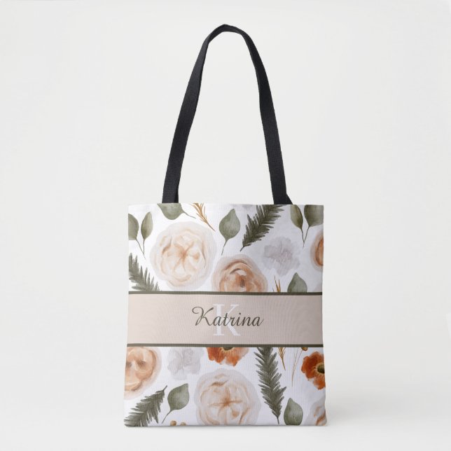 Sac fourre-tout fleuri à aquarelle Monogrammé pêch (Devant)