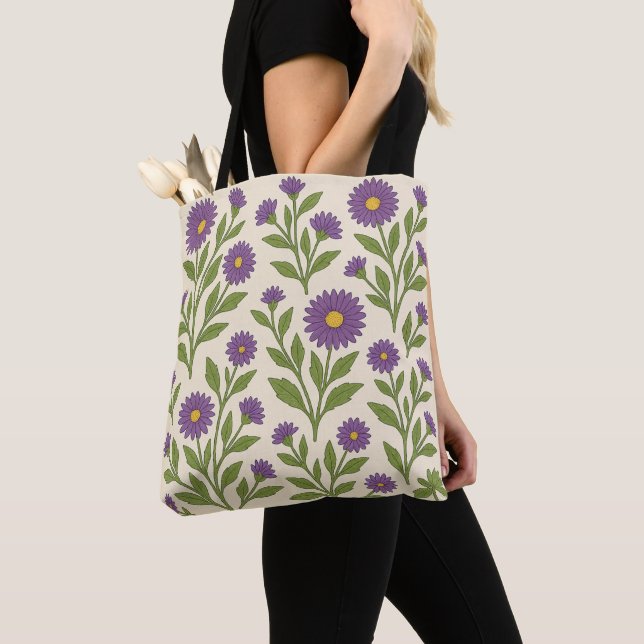 Sac fourre-tout fleurs beige et violet (De près)