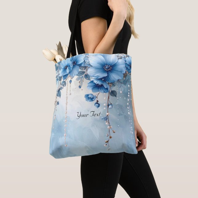 Sac fourre-tout Fleurs bleues et perles (De près)