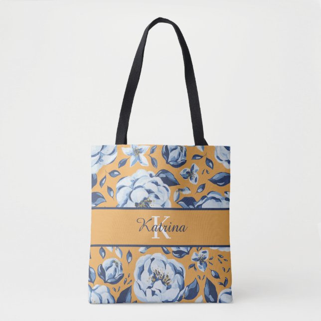 Sac fourre-tout floral à motif aquarelle et monogr (Devant)
