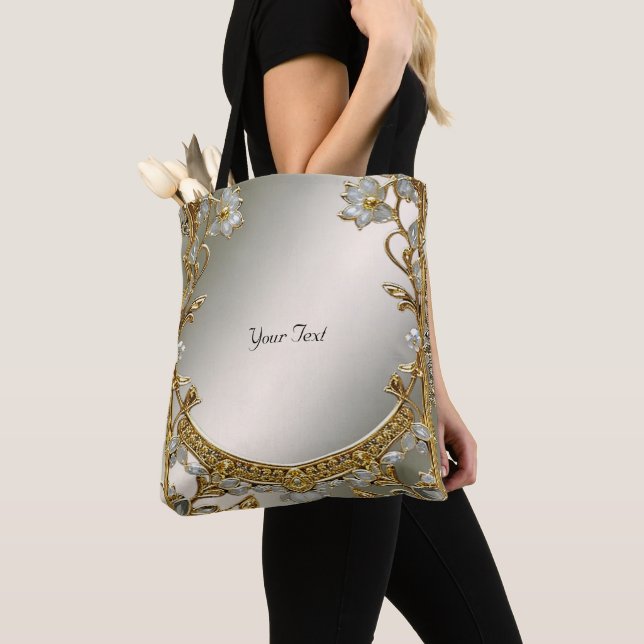 Sac fourre-tout floral blanc orné d'or (De près)