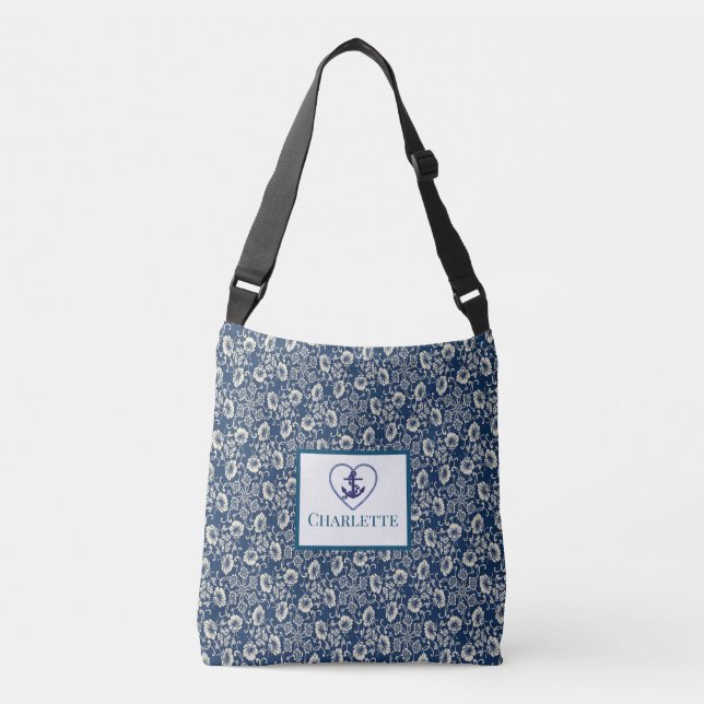 Sac fourre-tout Floral Bleu Et Blanc Monogramme Ma (Devant)