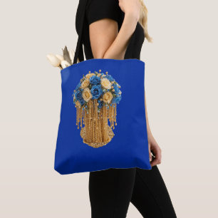 Sac fourre-tout floral bleu roi et or