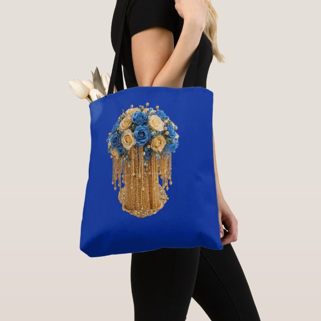 Sac fourre-tout floral bleu roi et or (De près)