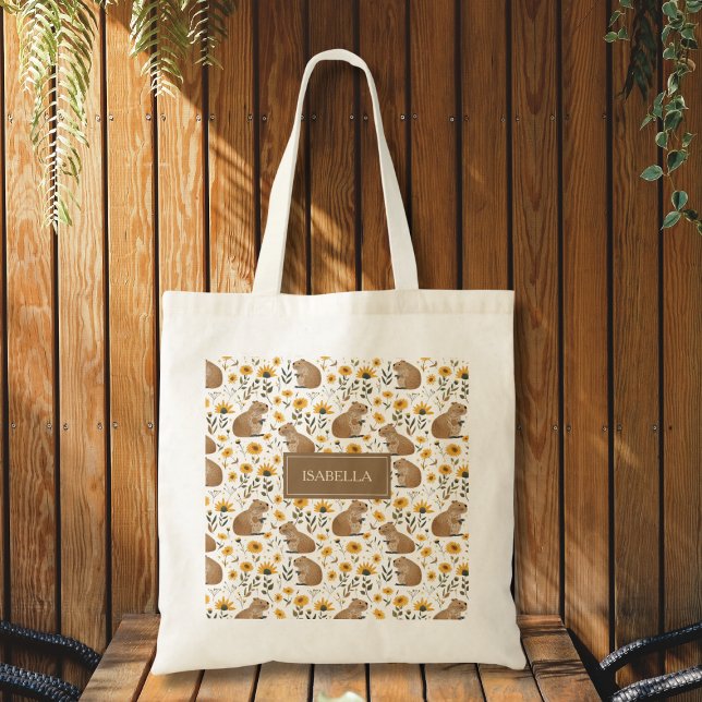 Sac fourre-tout floral Capybara mignon (cute whimsical capybara sunflower floral tote bag with custom name, fun personalized gift)