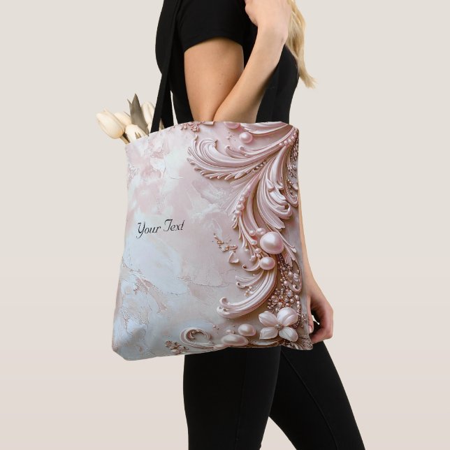 Sac fourre-tout floral et perle orné rose (De près)