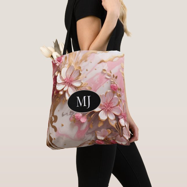Sac fourre-tout Floral Monogramme rose blanc or (De près)