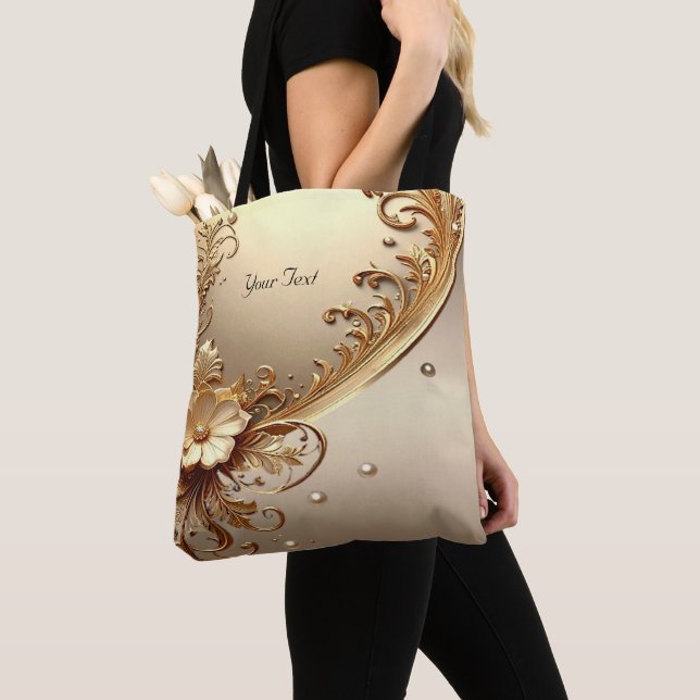 Sac fourre-tout floral orné doré (De près)