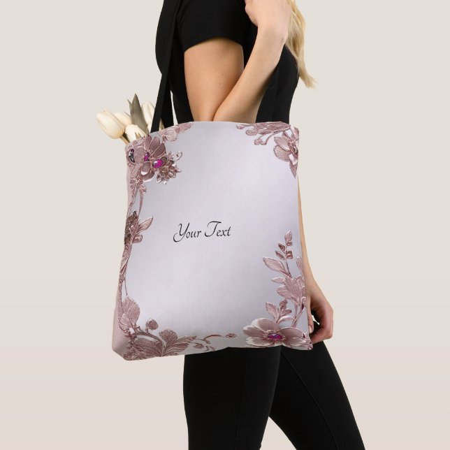 Sac fourre-tout floral orné rose (De près)