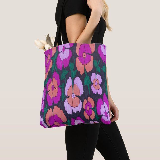 Sac fourre-tout floral rose orange et noir (De près)