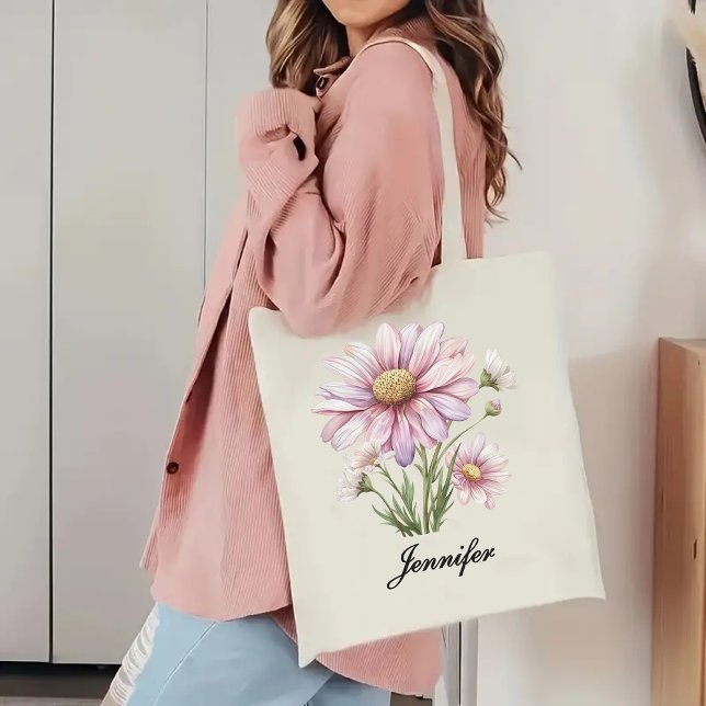 Sac fourre-tout floral rose personnalisé, cadeau p (personalized name tote bag, student gift tote bag, birthday gift for her, gift for mom tote bag, )