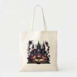 Sac fourre-tout gothique avec livre ouvert, châtea