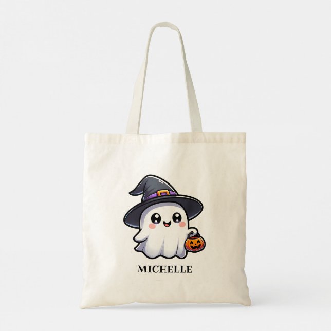 Sac fourre-tout Halloween fantôme mignon avec nom  (Dos)